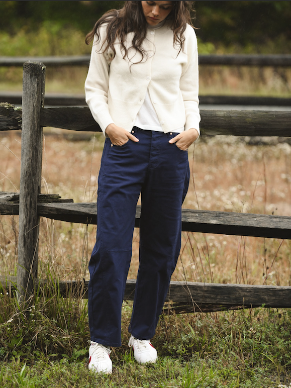 model wearing navy cotton twill horseshoe pant- navy