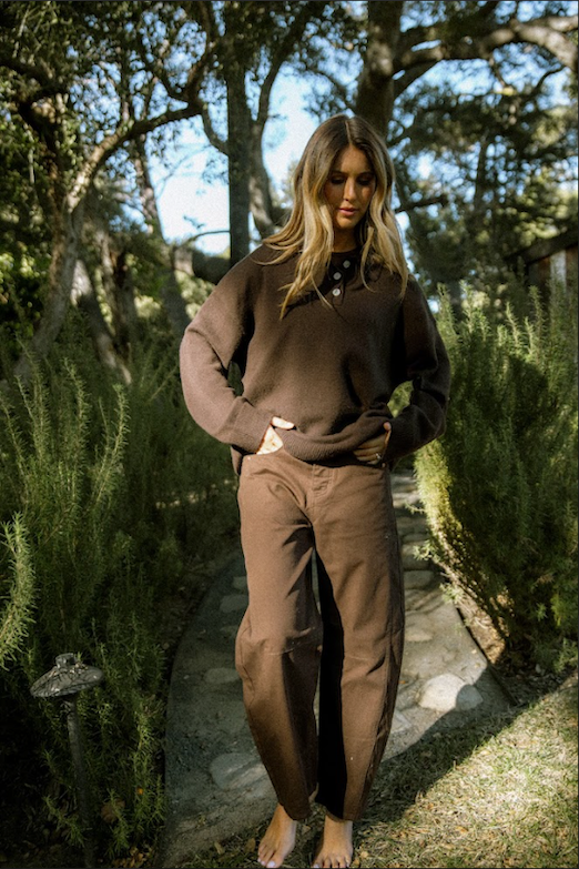 model wearing chocolate brown cotton twill horseshoe pant- chocolate brown