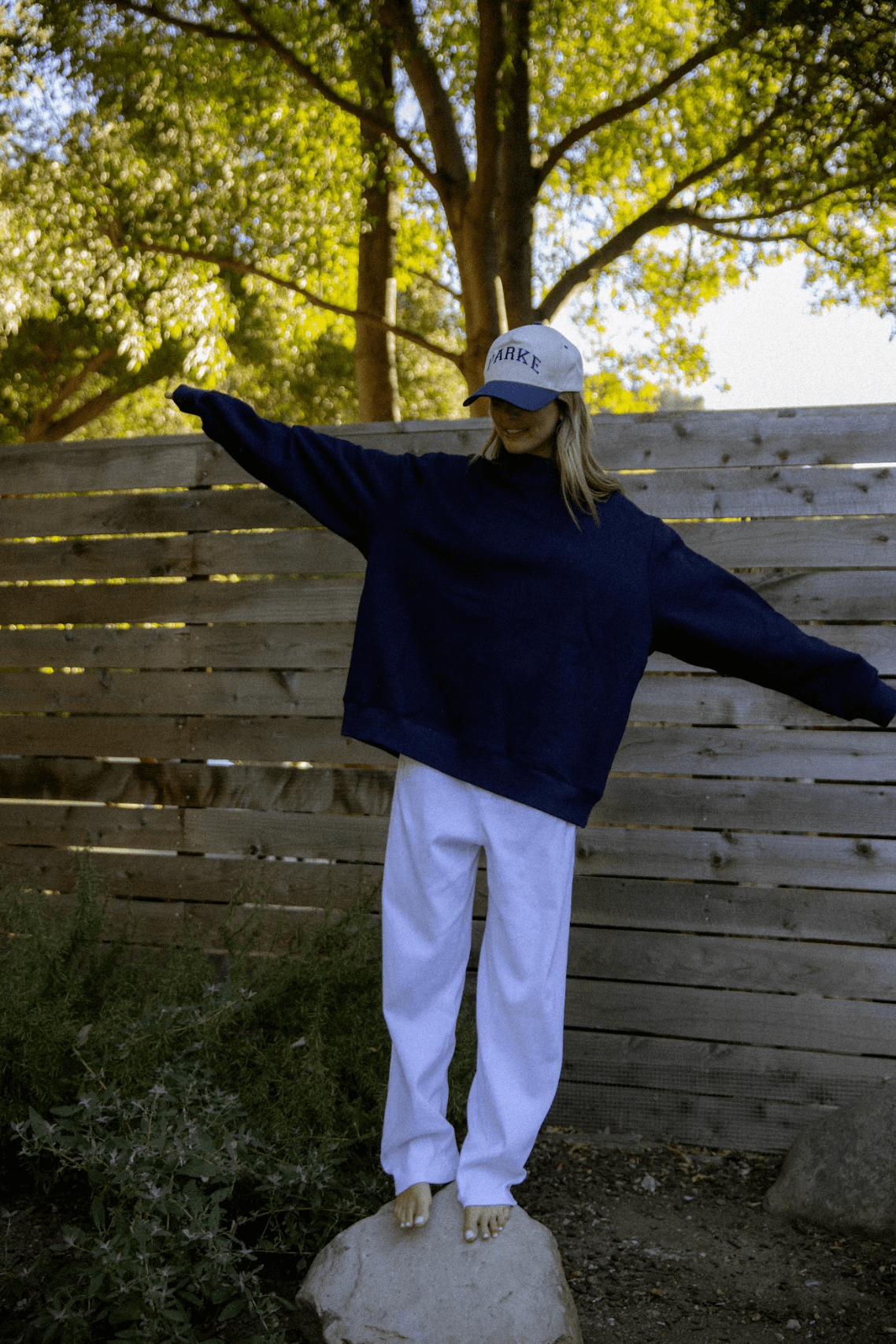 girl wearing navy classic mockneck- navy