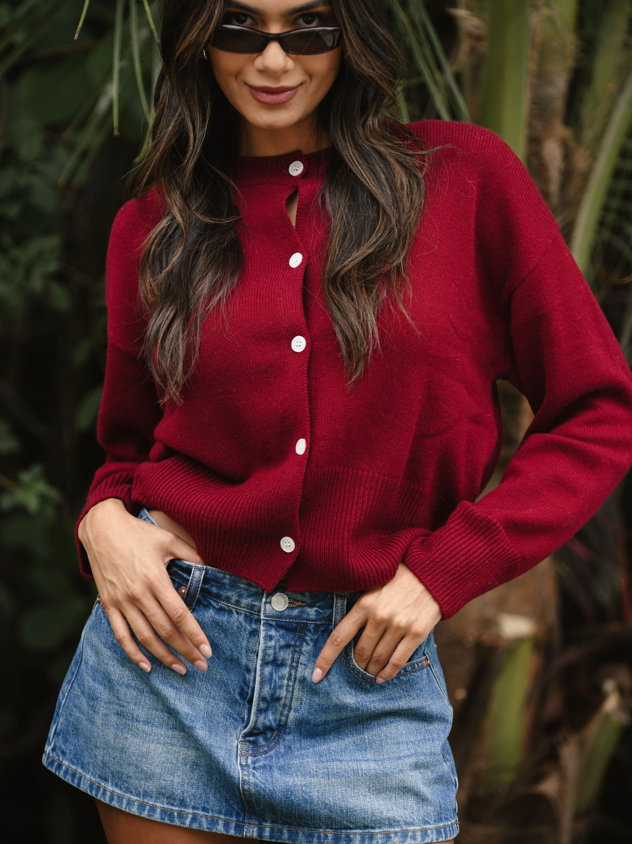 girl wearing burgundy cardigan- burgundy