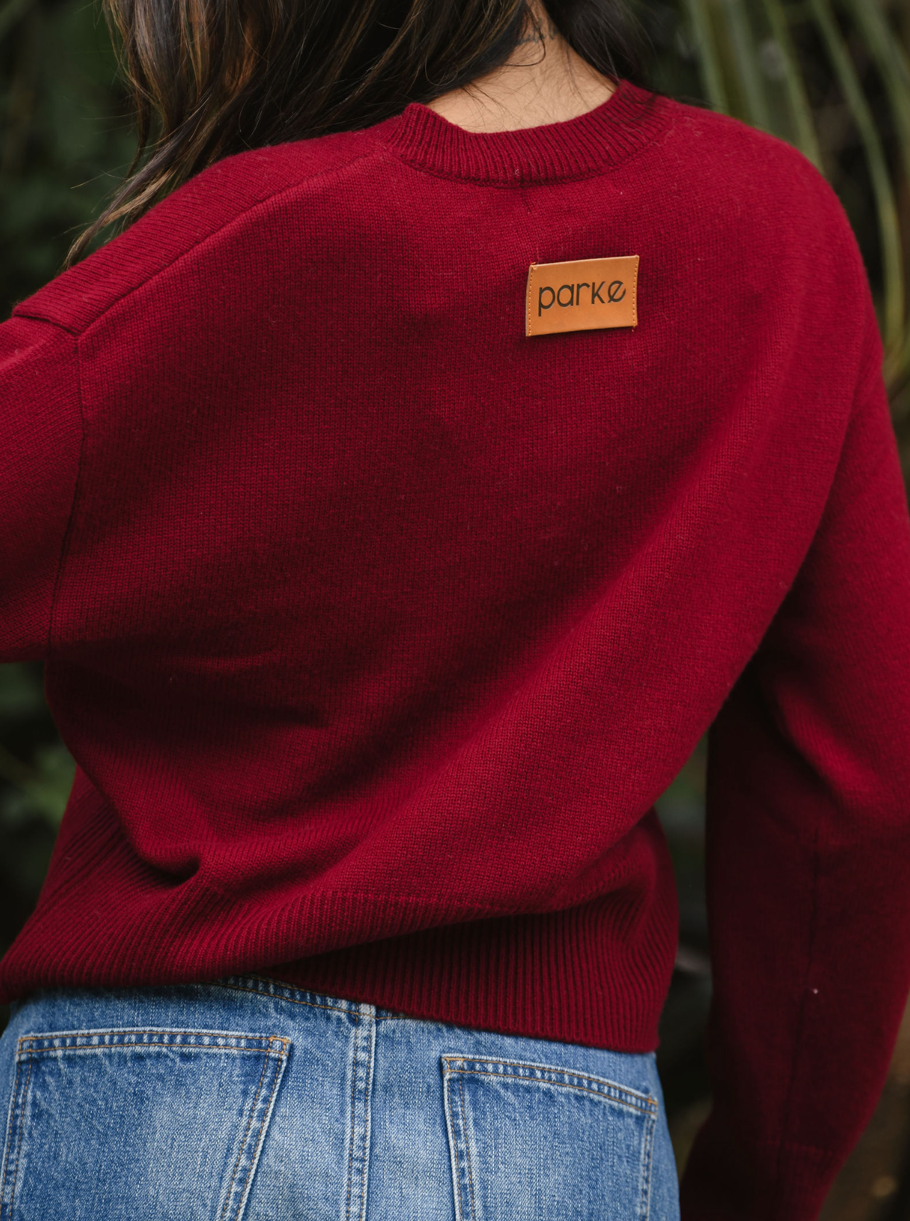 back patch details of burgundy cardigan- burgundy