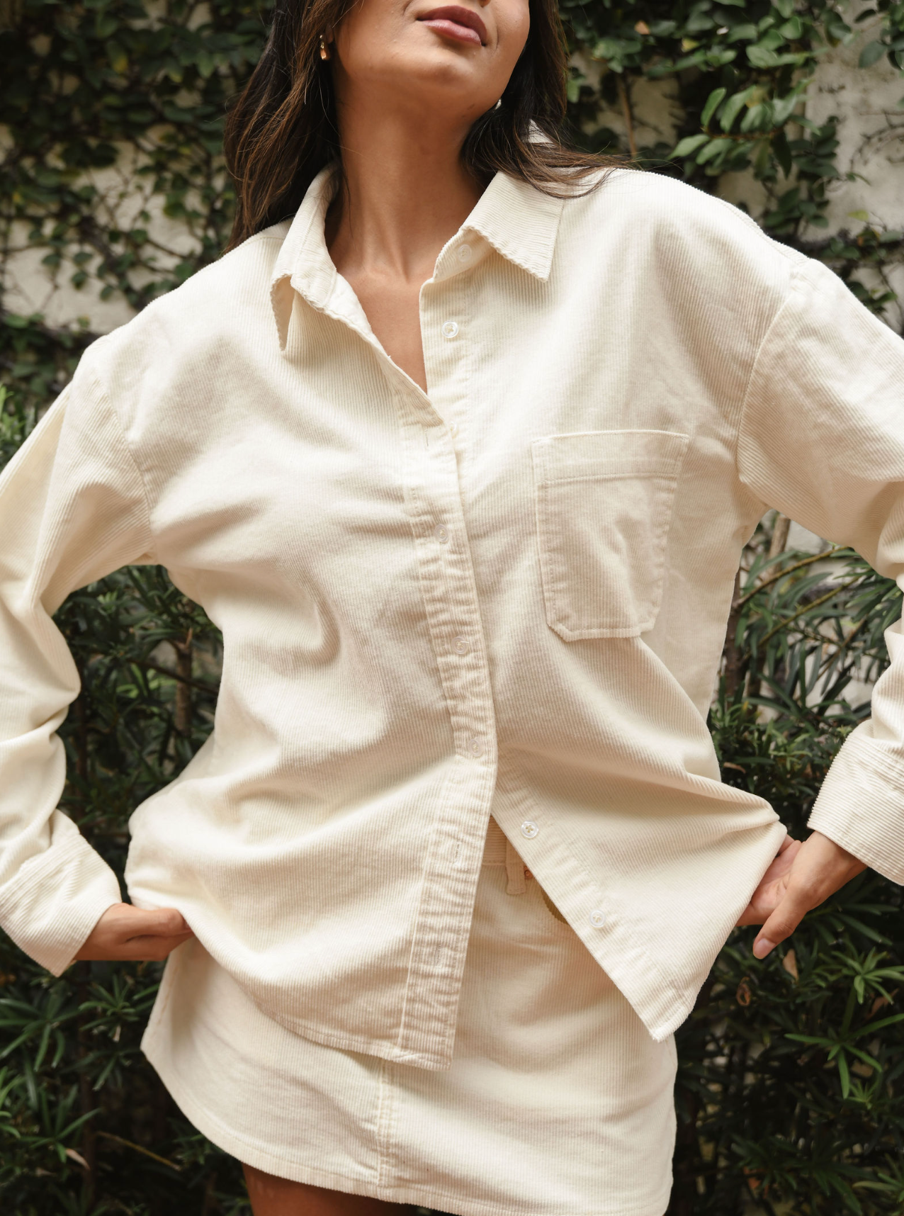 close up details of cream cord shirt- cream