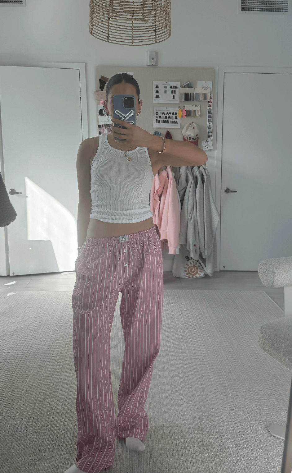 girl wearing dark pink stripe boxer pants- dark pink stripe