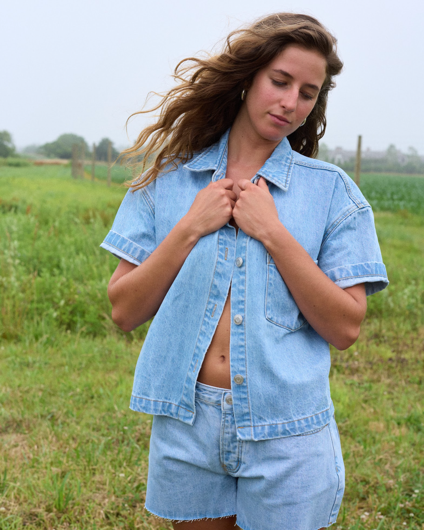 Cropped Short Sleeve Denim Shirt