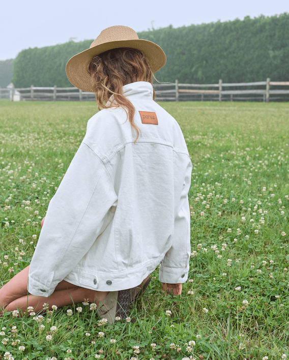 back patch detailing of white oversized jean jacket -white