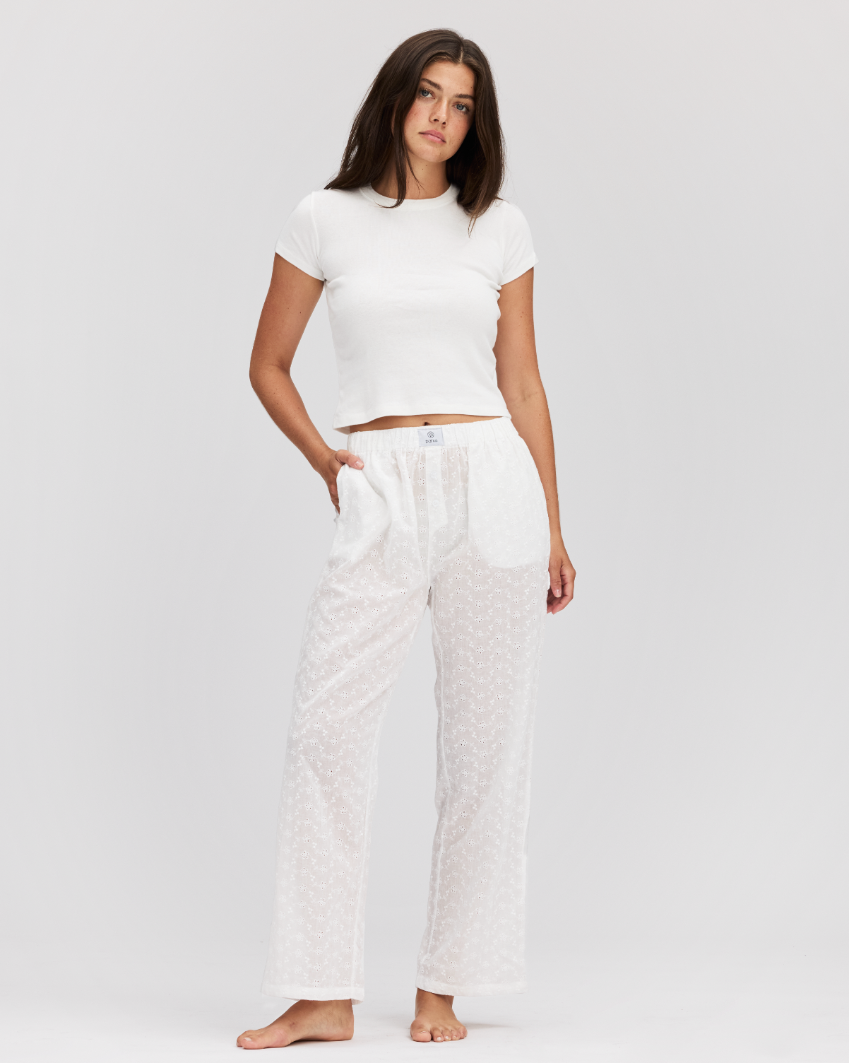 model wearing eyelet boxer pant- eyelet white