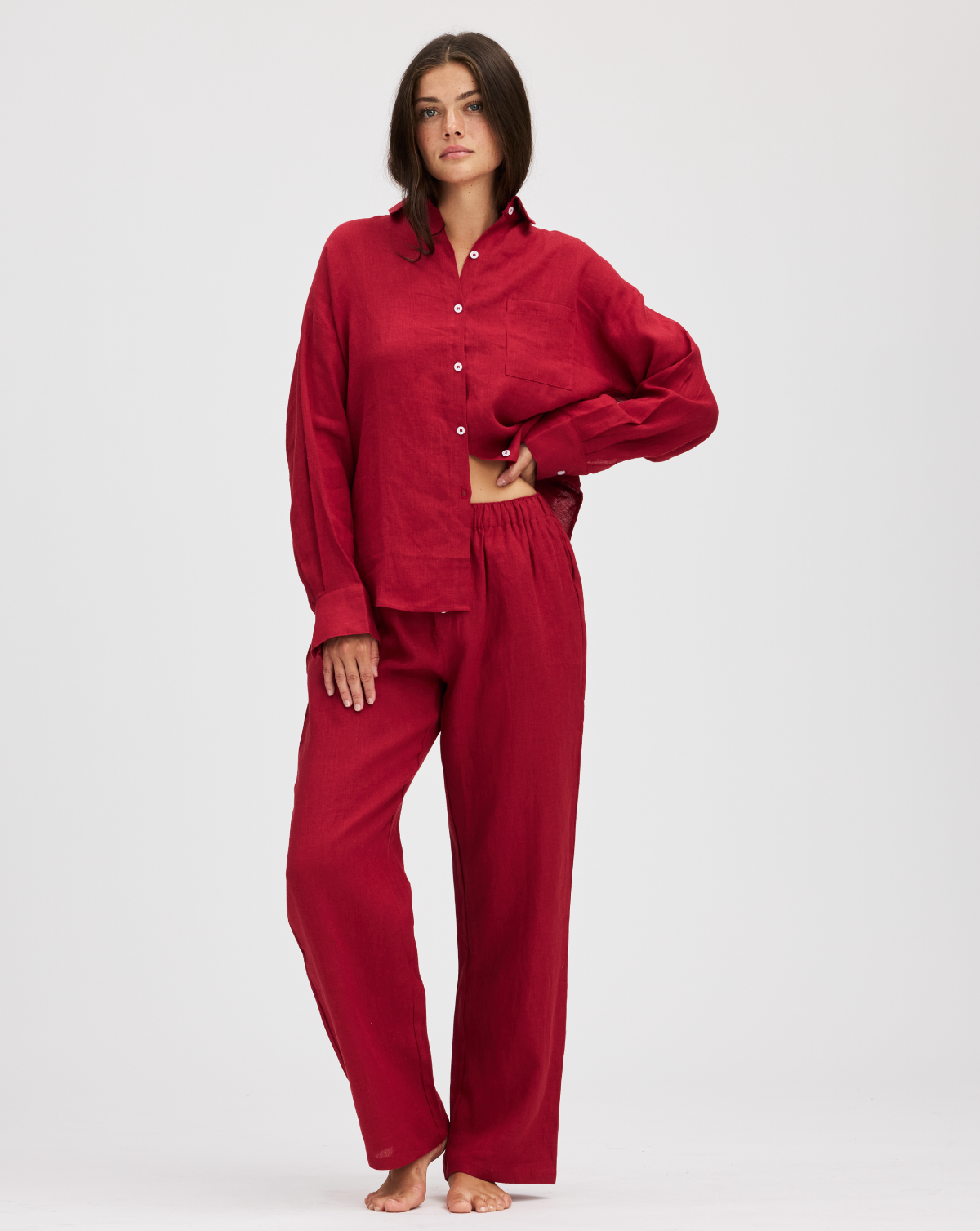 girl wearing cherry linen boxer pant- cherry