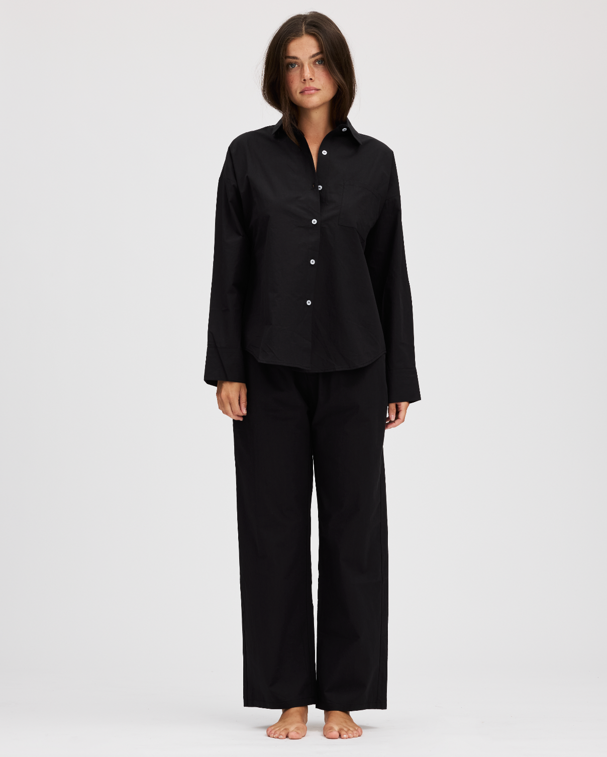 full body image of model in black poplin - black 