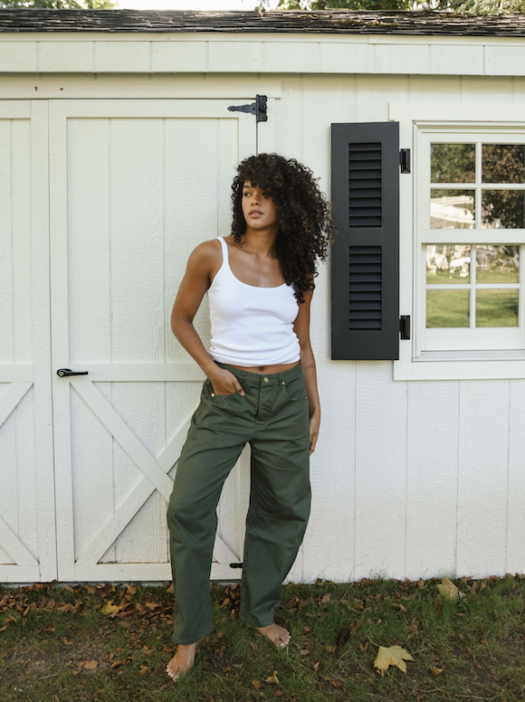 model wearing army green cotton twill horseshoe pant- army green