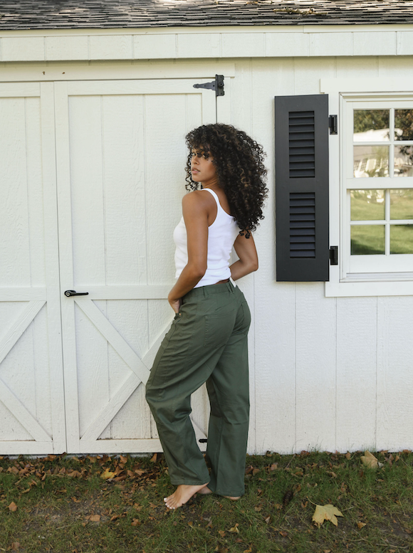 model wearing army green cotton twill horseshoe pant- army green