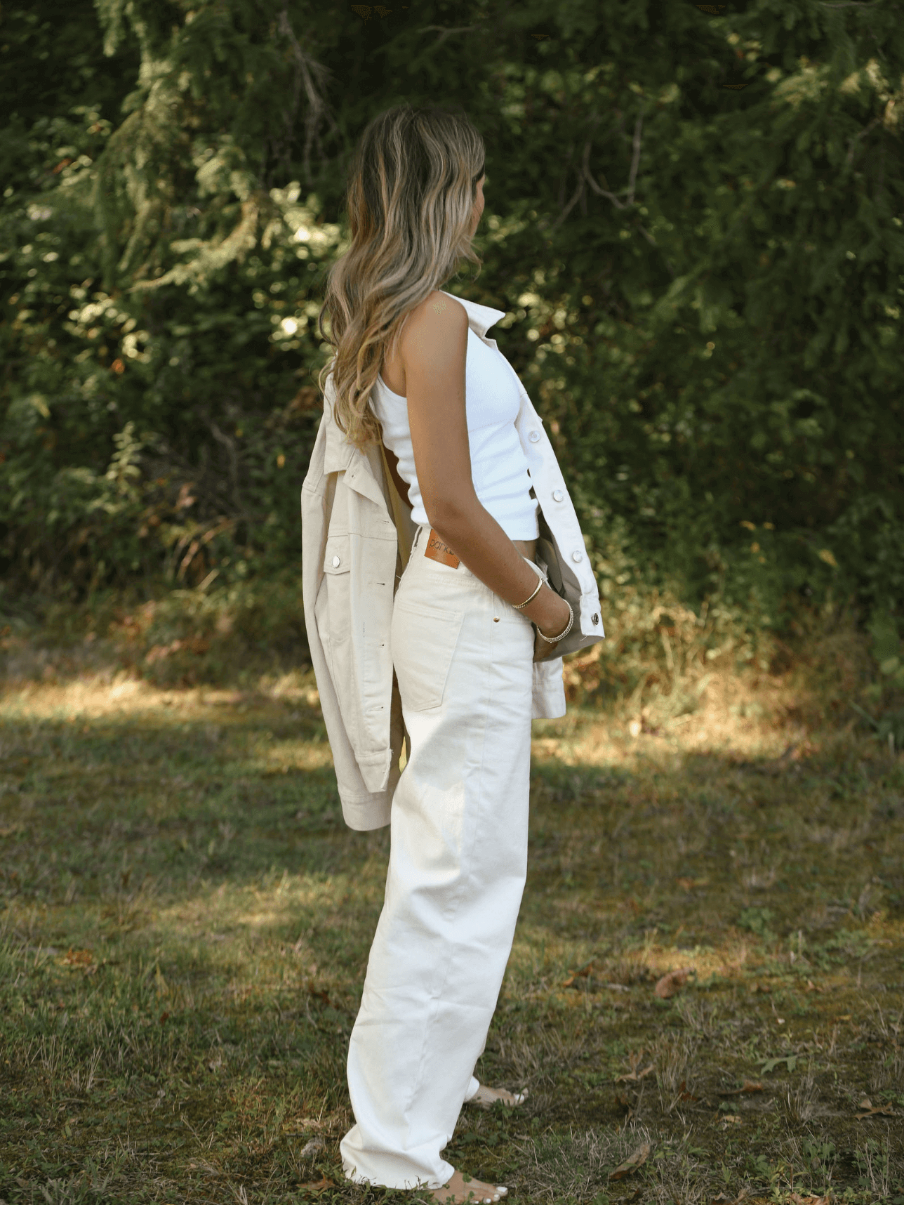 girl wearing cream classic straight jean- cream