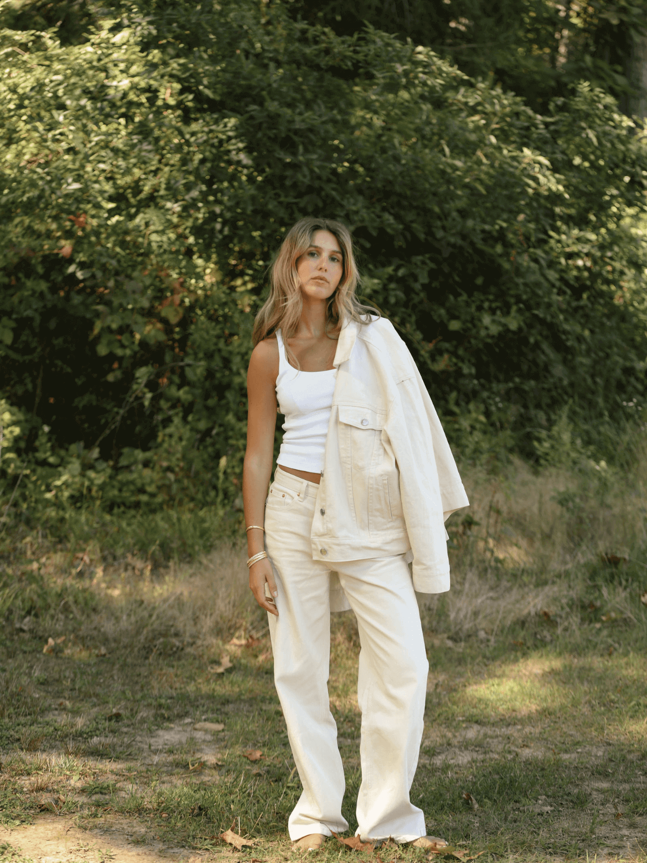 girl wearing cream classic straight jean - cream