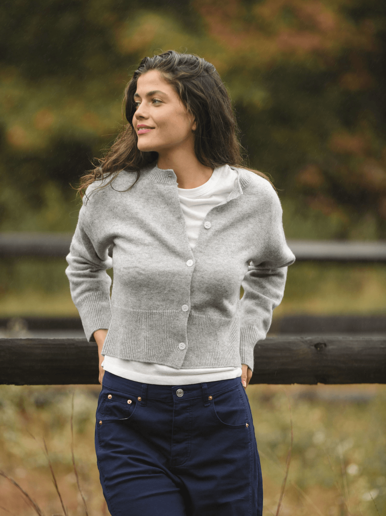 girl wearing heather grey cardigan- heather grey