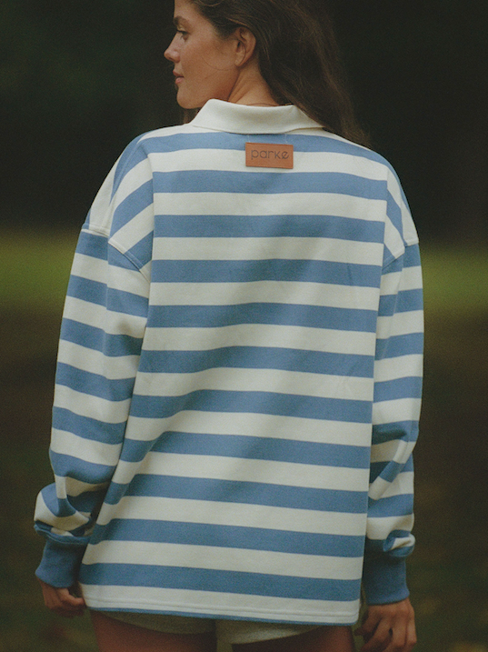 model in striped rugby -  blue + white stripe