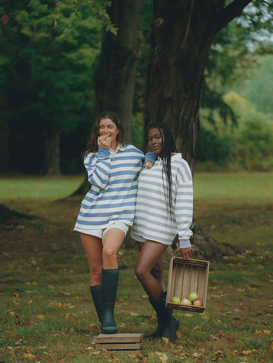 girl wearing rubgy - grey + white stripe