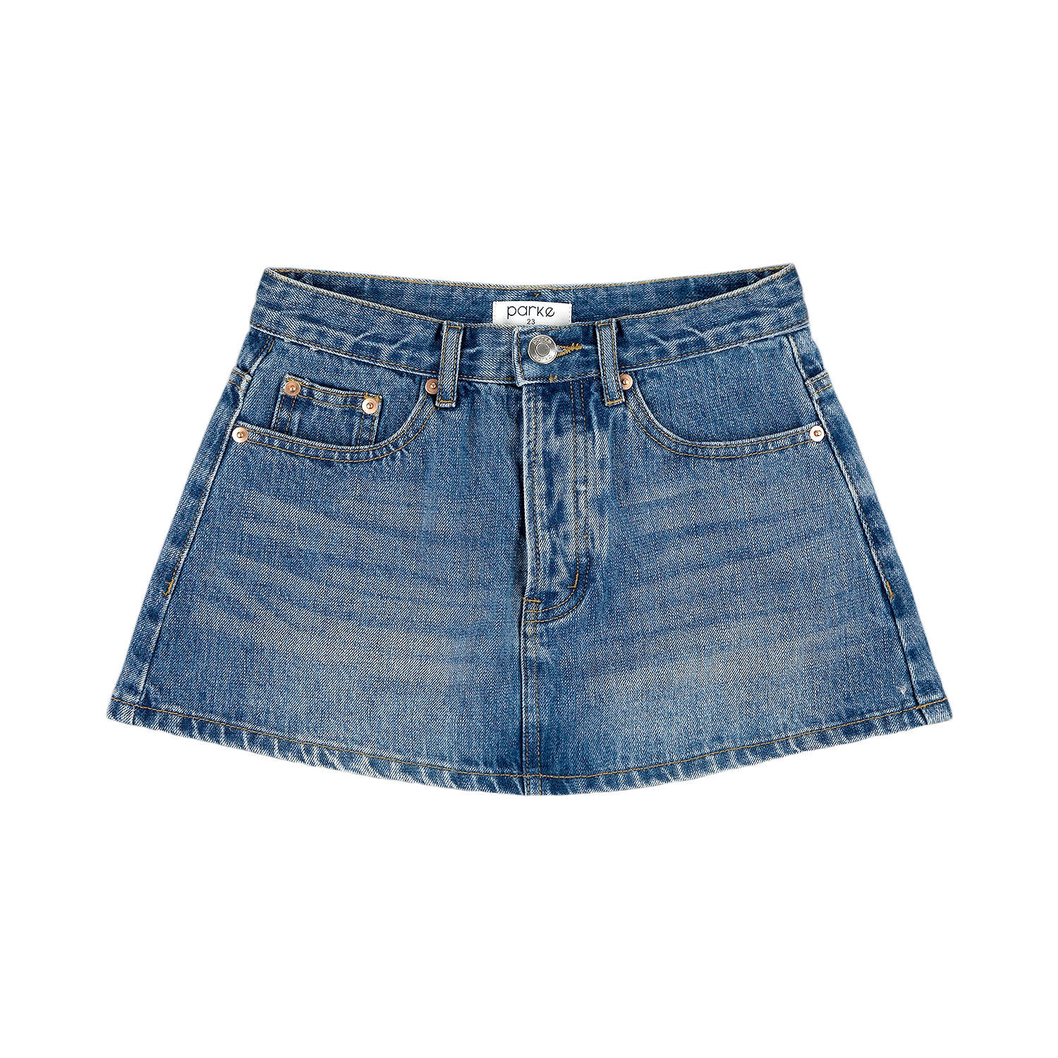 med wash denim mini skirt flat lay- med wash