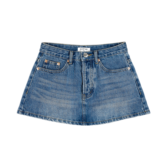 med wash denim mini skirt flat lay- med wash