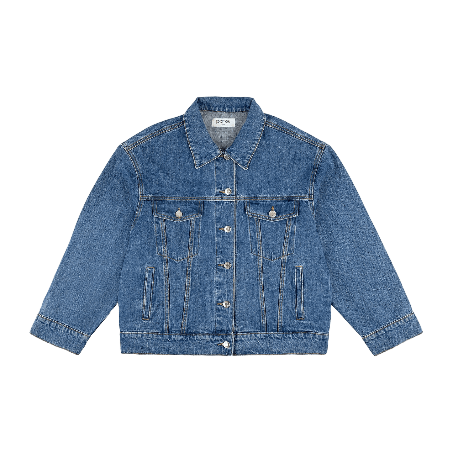 med wash oversized jean jacket flat lay -med wash