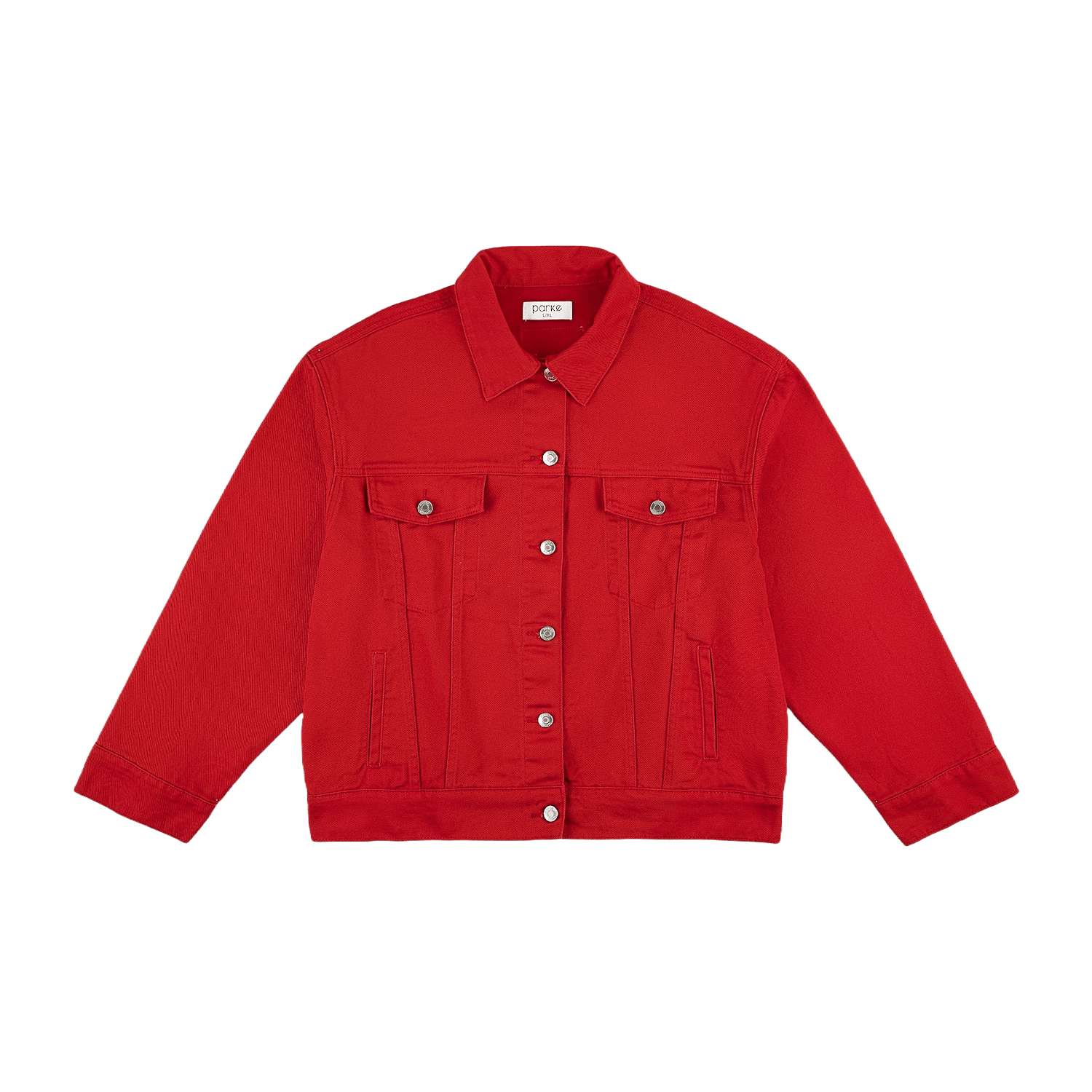 washed red oversized jean jacket flat lay - washed red