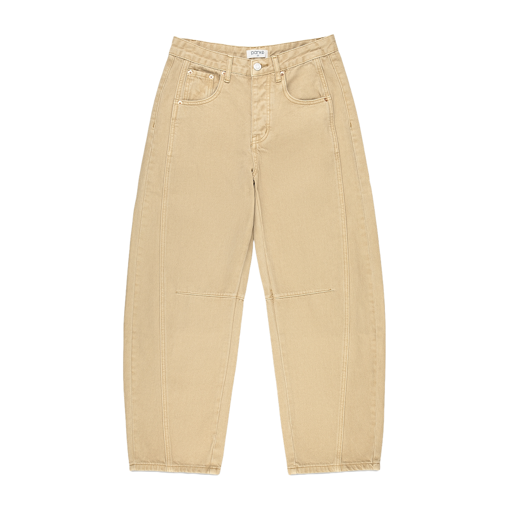 camel horseshoe jean flat lay - camel