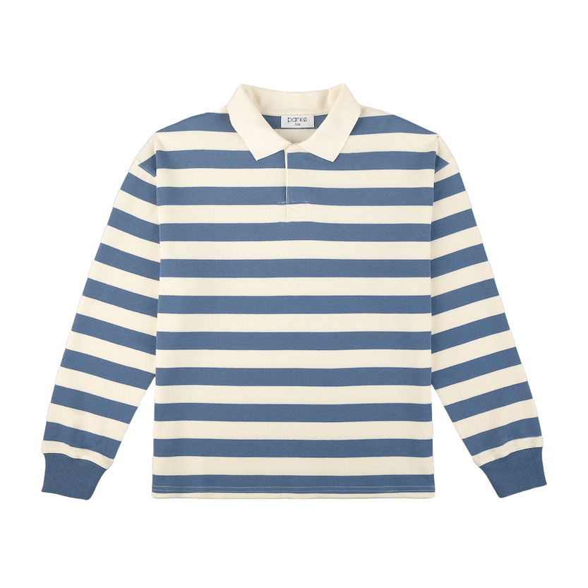 striped rugby flat lay -  blue + white stripe