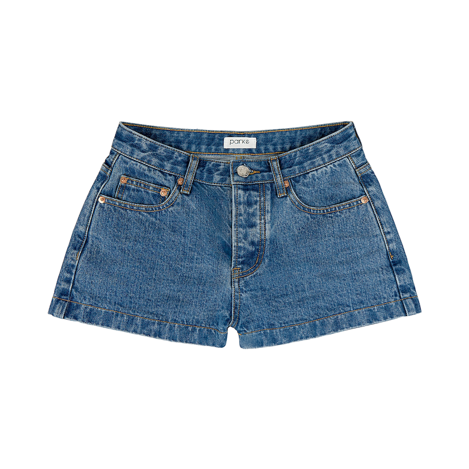 med wash denim mini short flat lay -med wash