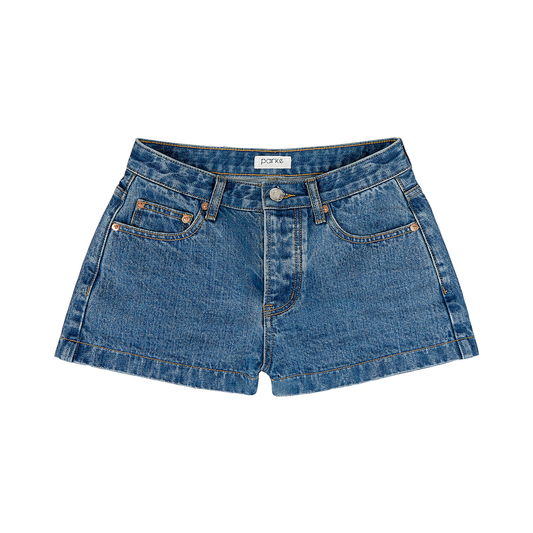 med wash denim mini short flat lay -med wash