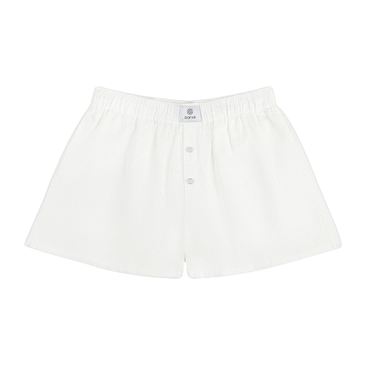 white eyelet boxer short flat lay -white eyelet