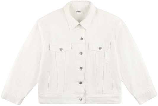 white oversized jean jacket flat lay -white