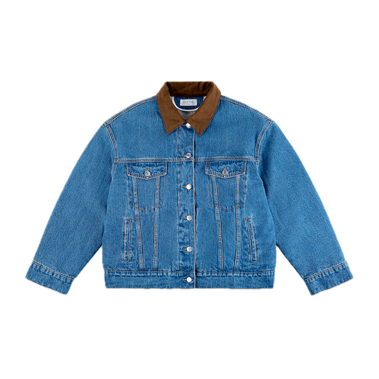 sherpa lined denim jacket flat lay - med wash