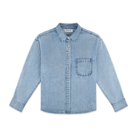 long sleeve denim shirt flat lay -vintage wash