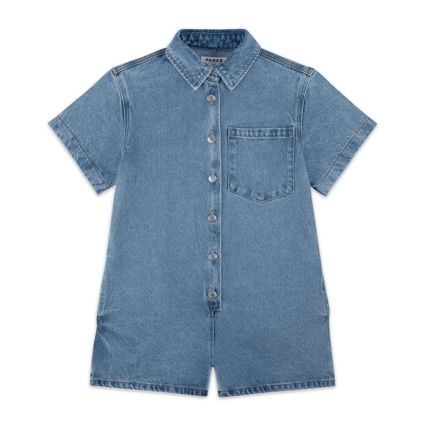 Short Sleeve Denim Romper - Vintage Wash
