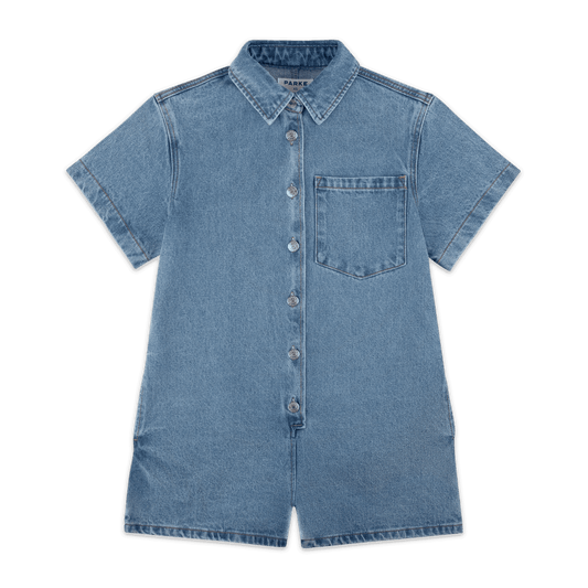 Short Sleeve Denim Romper - Vintage Wash