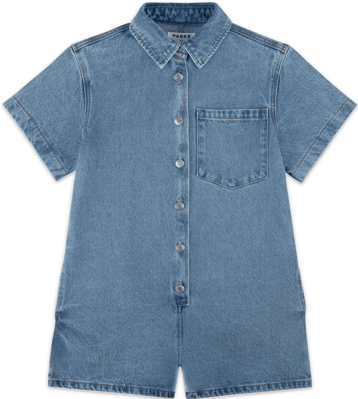 short sleeve denim romper flat lay -vintage wash
