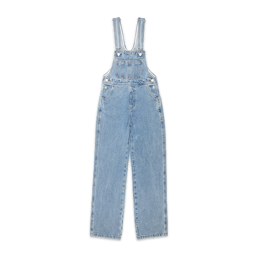 denim overalls flat lay -vintage wash