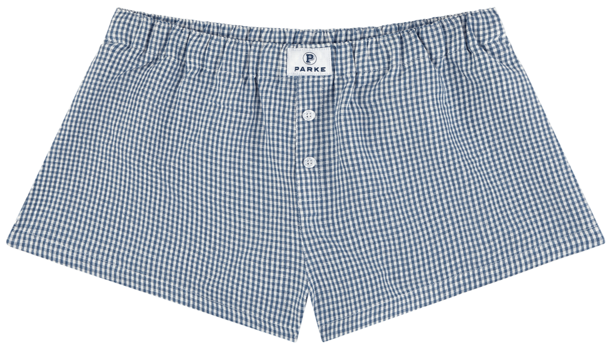 linen boxer short flat lay -navy gingham