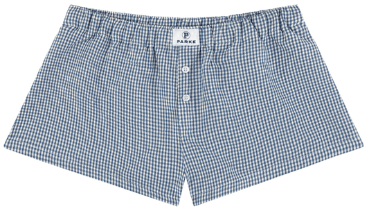 linen boxer short flat lay -navy gingham
