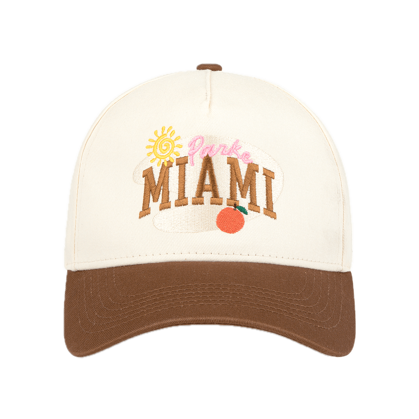 Miami baseball hat flat lay -cream + chocolate brown