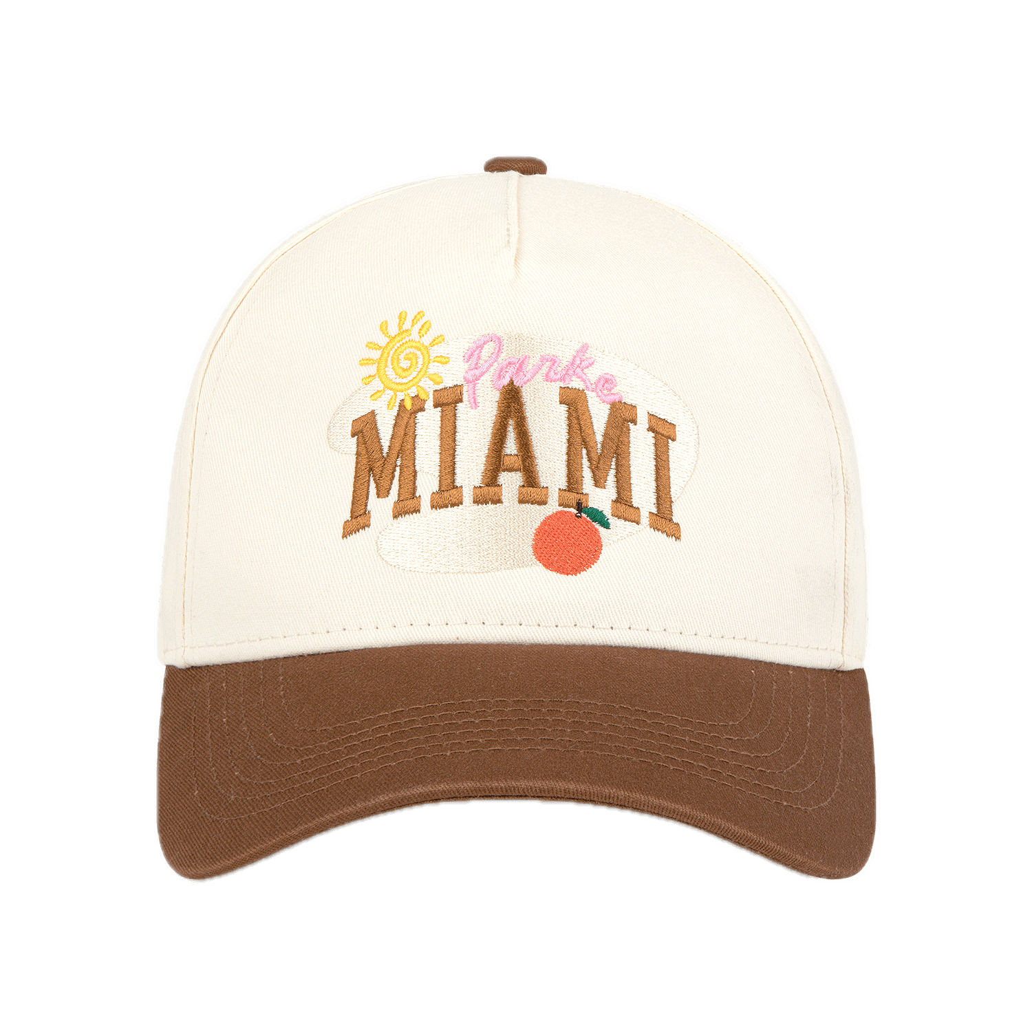 Miami baseball hat flat lay -cream + chocolate brown