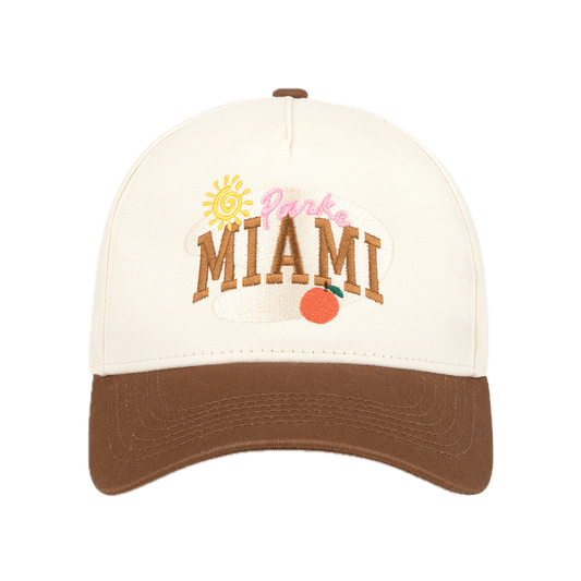 Miami baseball hat flat lay -cream + chocolate brown