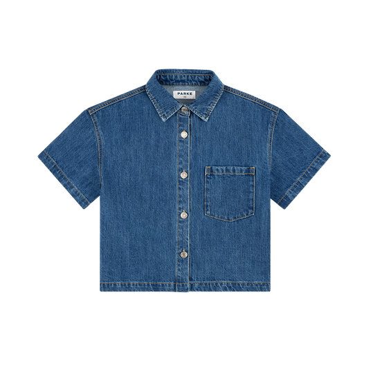 Cropped Short Sleeve Denim Shirt - Medium Wash