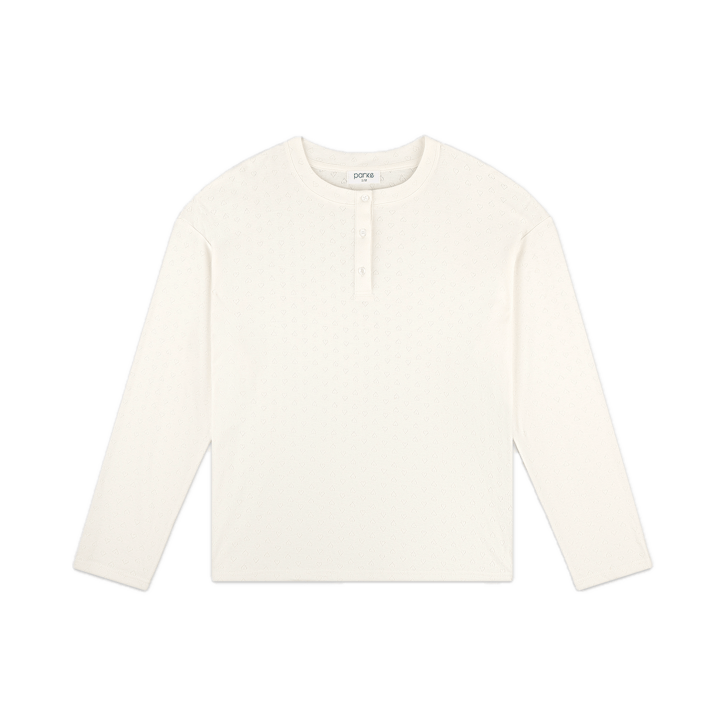 heart pointelle henley flat lay- white