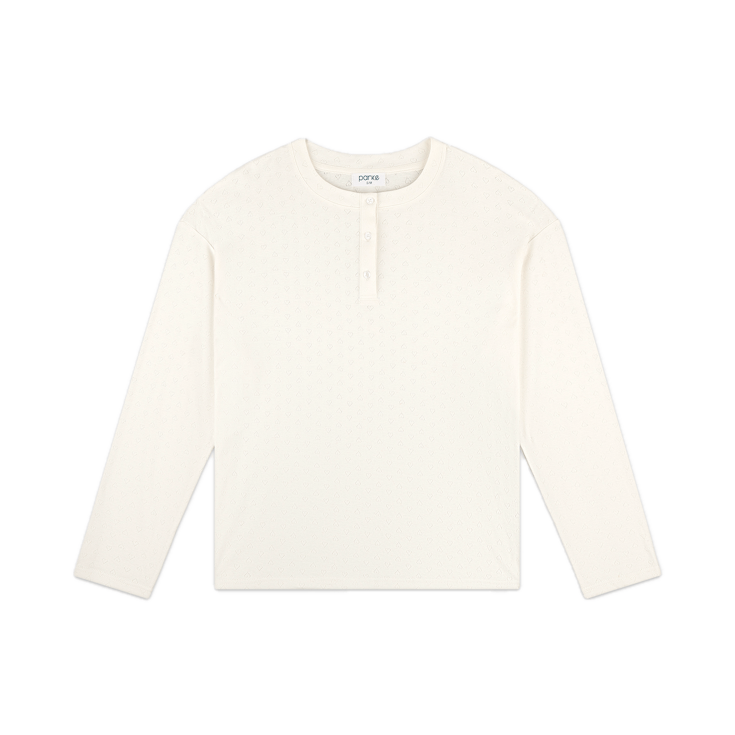 heart pointelle henley flat lay- white