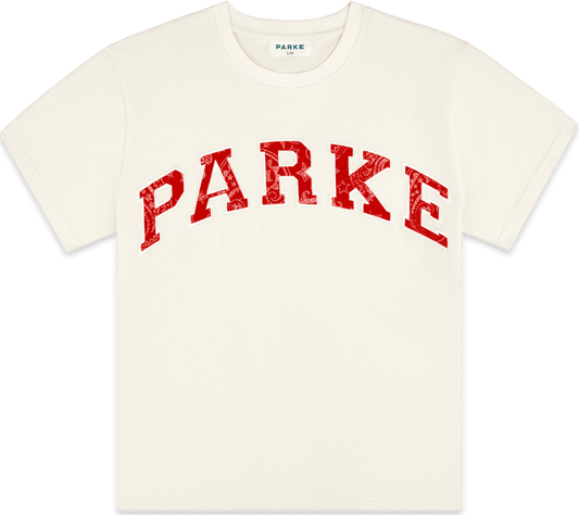 varsity tee -cream + red paisley