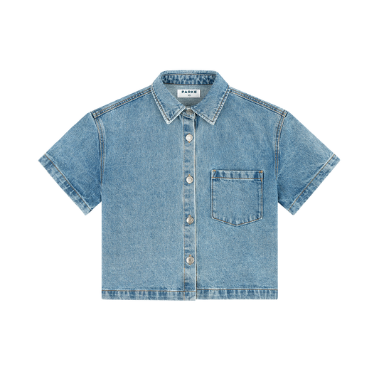 Cropped Short Sleeve Denim Shirt - Vintage Wash