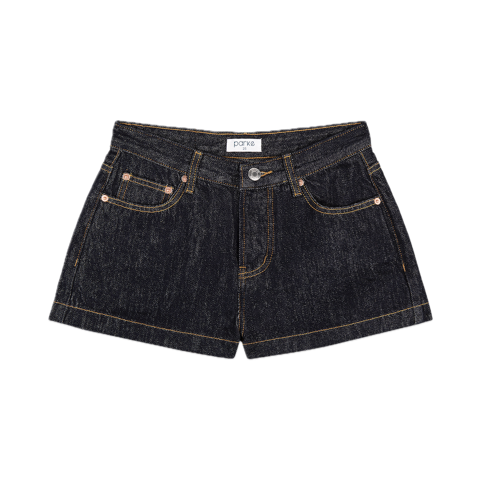 dark wash mini short flat lay -dark wash