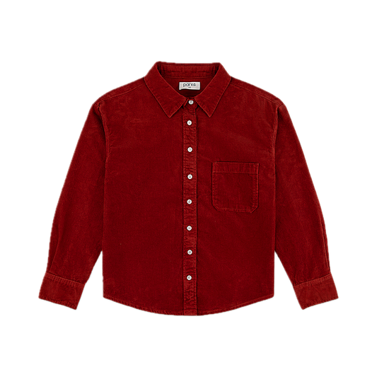 burgundy cord button up shirt flat lay- burgundy