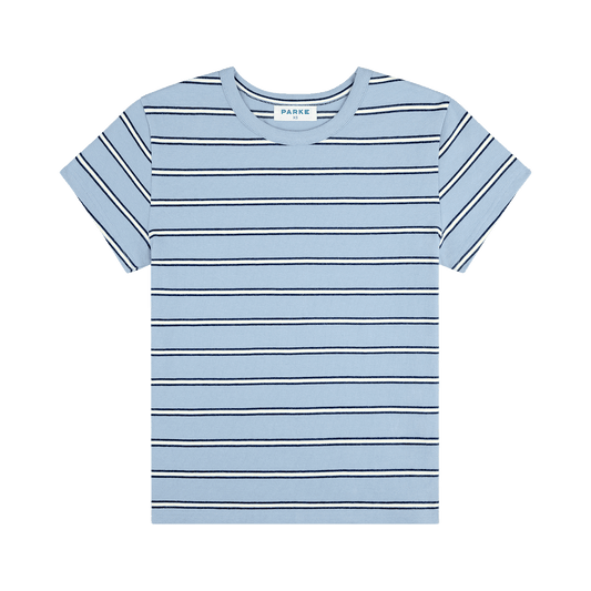 striped tee flat lay -sky stripe