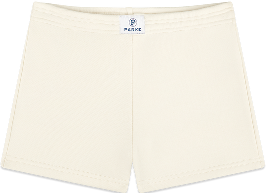 mini sweatshorts flat lay -cream
