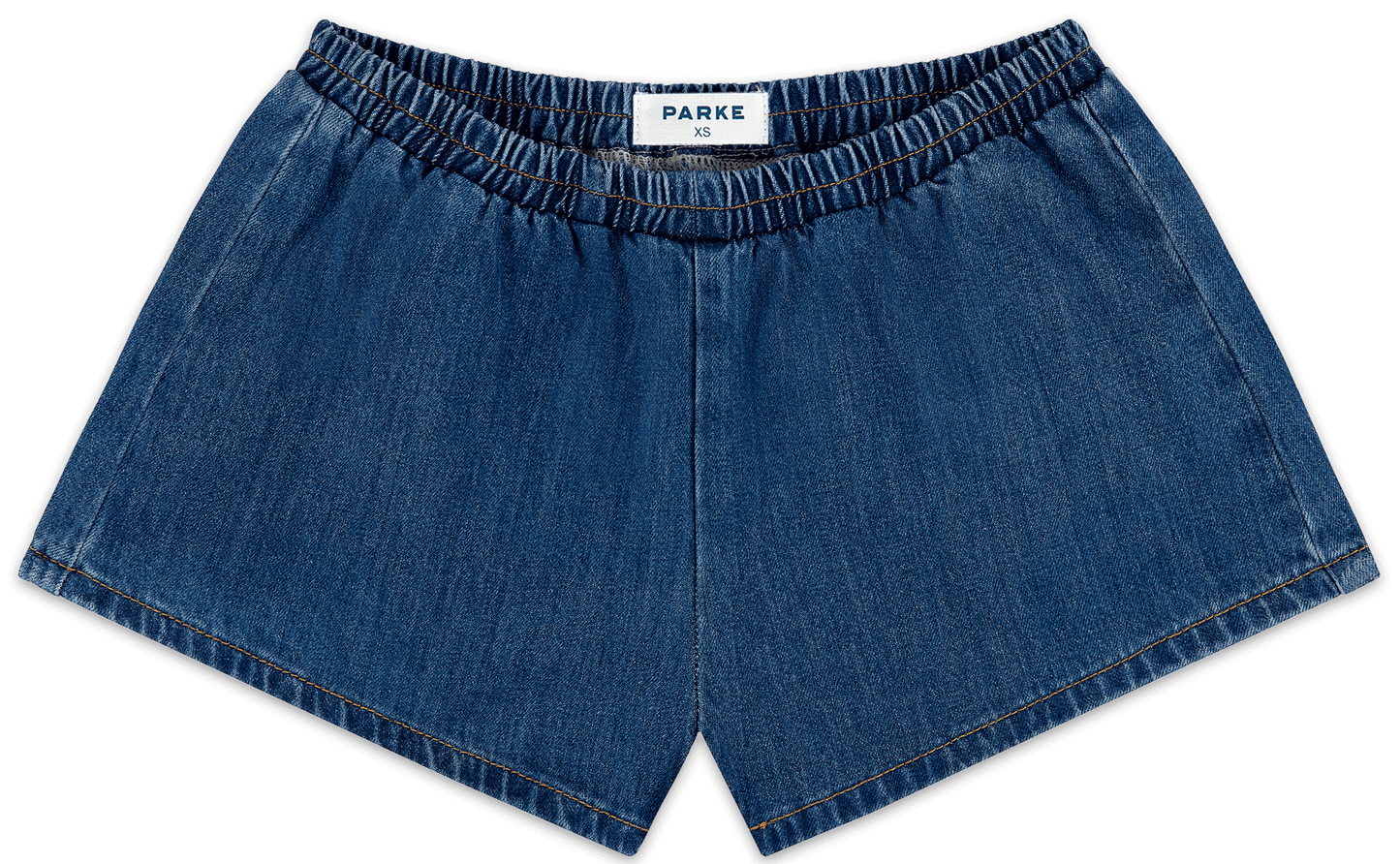 elastic denim short flat lay -medium wash
